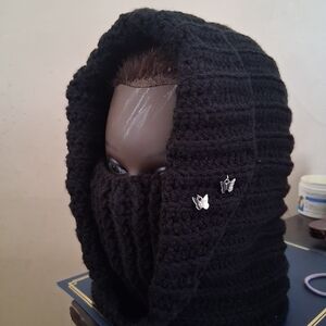 Black Knit Hooded Scarf with Butterfly Accents